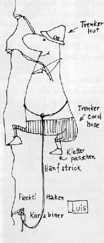 А так видит его наш румынский художник Вальтер Каргель. Подписи: «шляпа Тренкера», «вельветовые брюки Тренкера», кошки для лазания, пеньковая веревка, крюк Фьектля, карабин