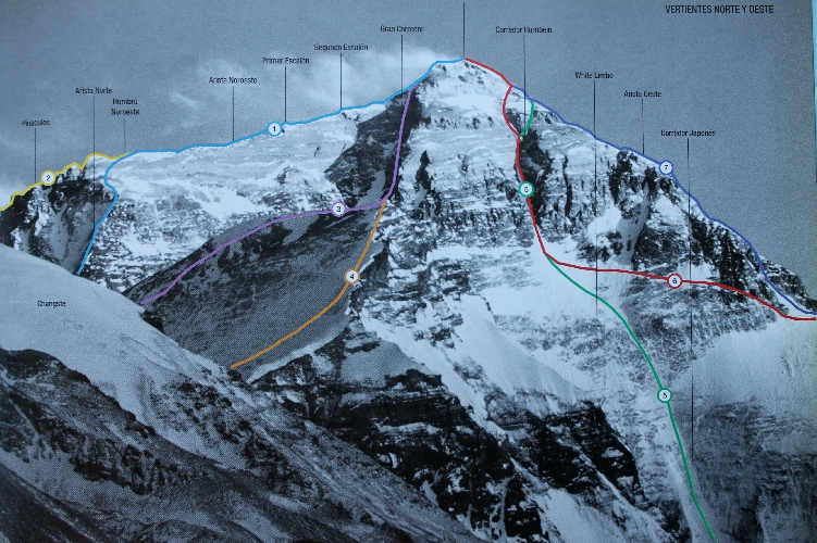 Эверест с северо-востока. Кулуар Хорнбайна (японский) - номер 4 на фото. Кулуар Нортона (австралийский) - номер 5. Стандартный маршрут восхождения с северной стороны под номером 1