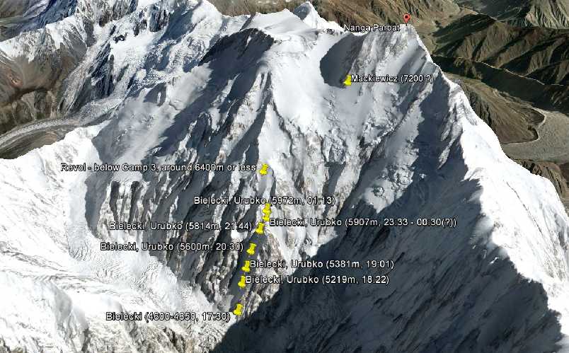 Приблизительная отметка где остался Томек (7200 метров) и куда смогли подняться спасатели, где они встретили Элизабет 