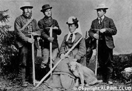 Члены Alpine Club: Christian Almer, WAB Coolidge, Miss Brevoort, Ulrich Almer (1874) 