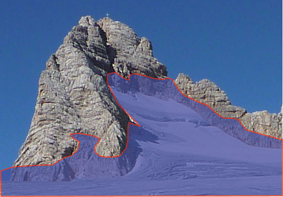 Ледник Hallstätter в 2011 году (край ледника - красная линия в 1930 году)