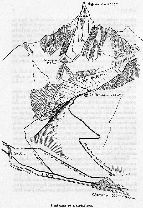 Схема подхода к западному склону Пти-Дрю (Petit Dru,  3754 м). Рисунок Guido Magnone