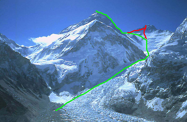 Трек Симоне: зеленым цветом - маршрут на Эверест, красным на Лхоцзе