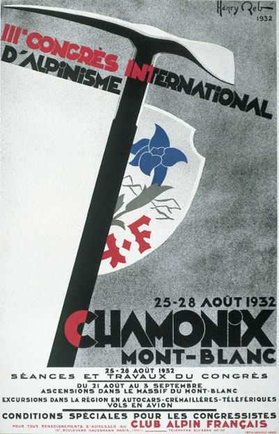 Плакат 1932 года с Третьего международного конгресса по альпинизму в Шамони, Франция. 