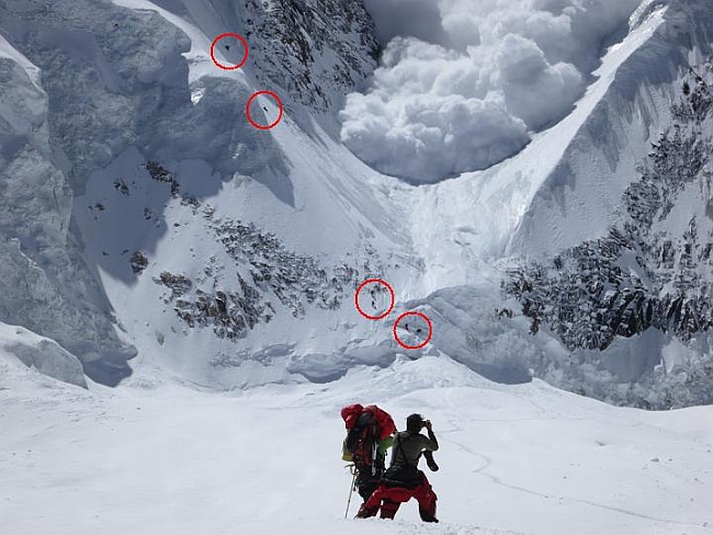 Группа из 6-ти альпинистов, поднимавшихся по кулуару в момент схода лавины