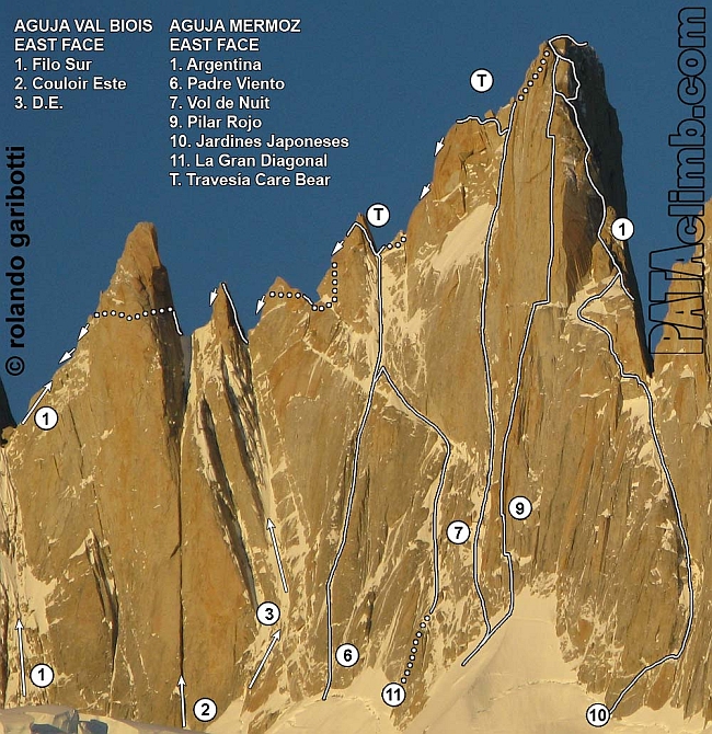 маршрут Vol De Nuit» на Aguja Mermoz  - пунктирными точками показана незавершенная часть