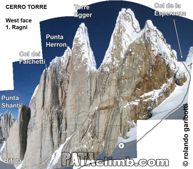 маршрут Ragni (Ragni route) по Западному склону на вершину Cerro Torre (Патагония)