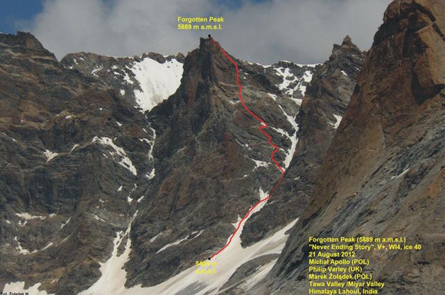 маршрут "Never Ending Story"  V+, WI4, 650м на вершину  Forgotten Peak (5889м)
