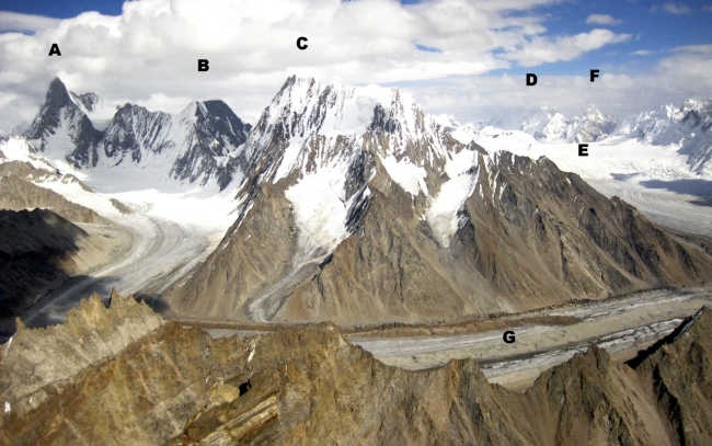 Вершина А - Таху Рутум (Tahu Rutum, 6651 м) и ее непокоренный северо-западный склон. (D) Огре (7285)