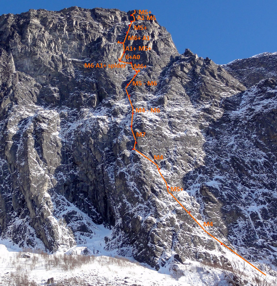 микстовый маршрут "Drogę Polskę" (Польский маршрут) (M7, VI+, A1) на Западной стене горы Litldalen Tagveggen (Норвегия)  
