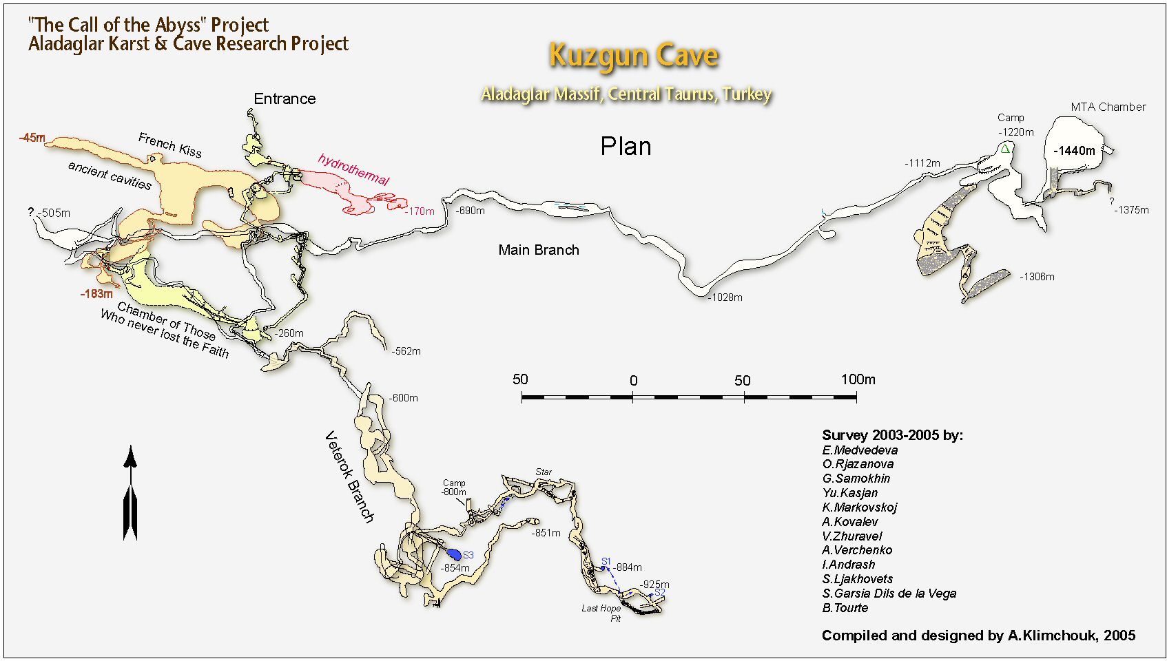 карта пещеры Кузгун, массив Аладаглар, Турция