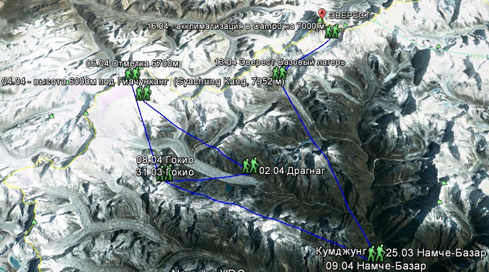 Обзорная карта маршрута экспедиции Урубко-Болотова на Эверест, по состоянию на 13 апреля 
