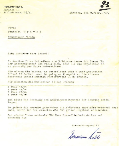 Письмо Германа Буля 1957 года в компанию Grivel