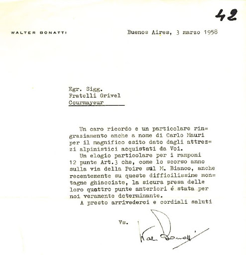 Письмо Вальтера Бонатти (Walter Bonatti) 1958 года в компанию Grivel