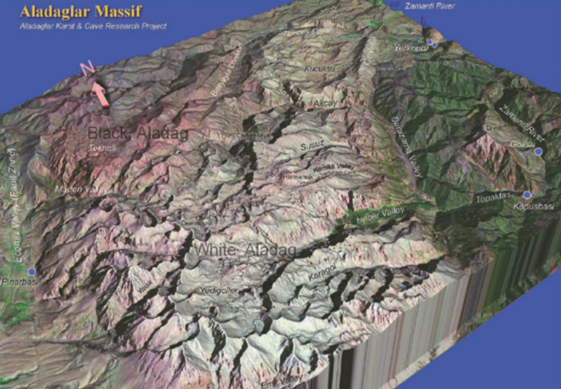 Физическая карта массива Аладаглар с нанесенными слоями