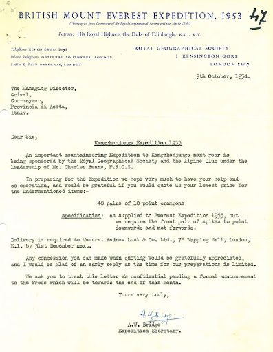 Письмо Британской экспедиции на Эверест и Канченджангу 1954 года в компанию Grivel