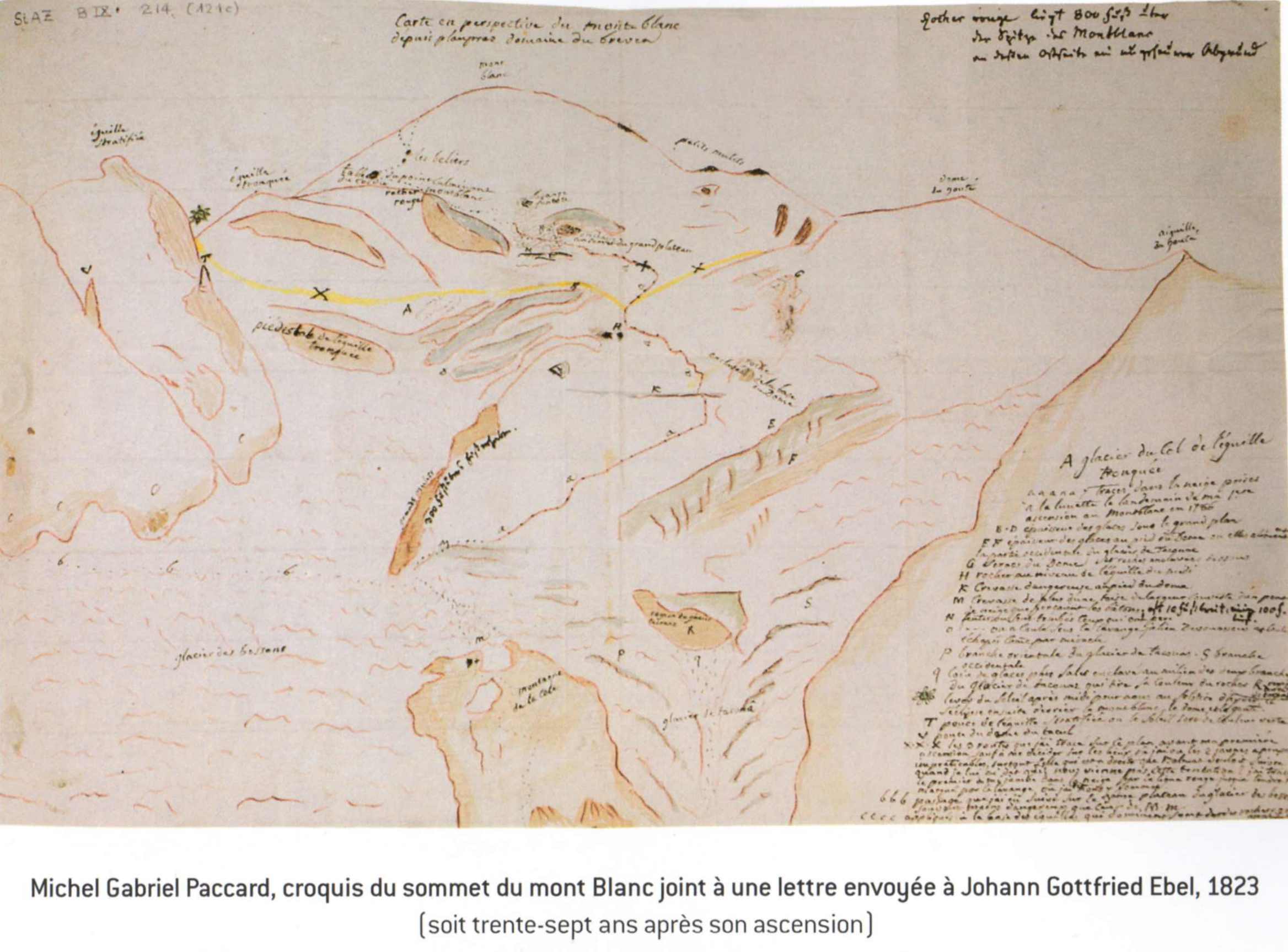 Набросок МИшеля Паккара маршрута первого восхождения на Монблан. Из письма к Johann Gottfried Ebel, 1823 год