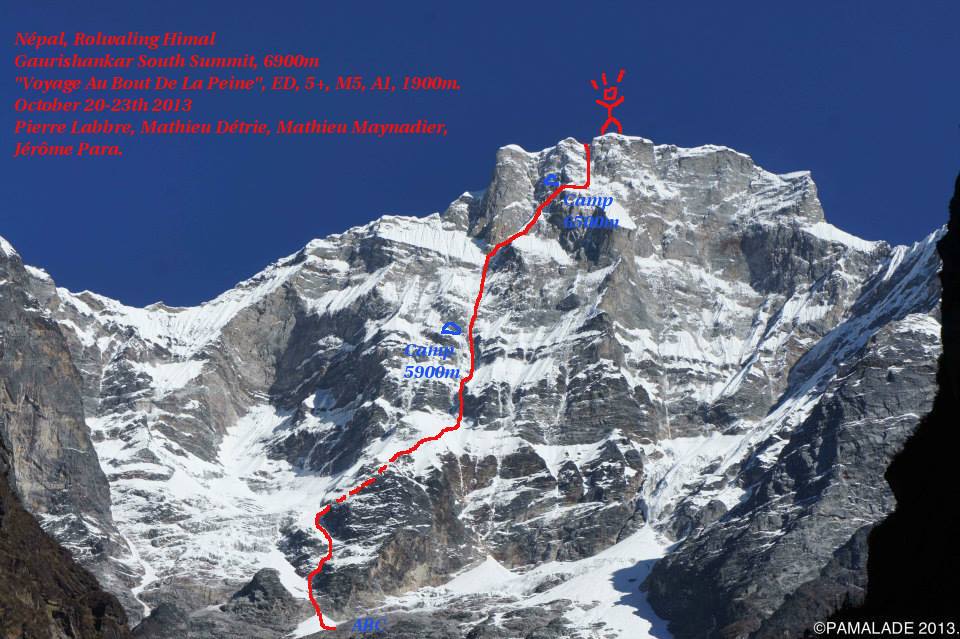 пик Гауришанкар (Gaurishankar, 7134 м) в Непальских Гималаях. маршрут  "Peine prolongee" / "Voyage Au Bount De LA Peine" 