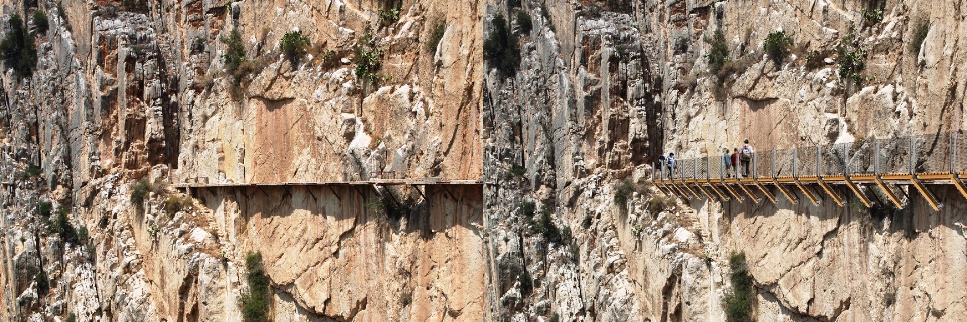 Королевская тропа (исп. El Caminito del Rey). Слева - существующее состояние маршрута. Справа - Проект реконструкци 