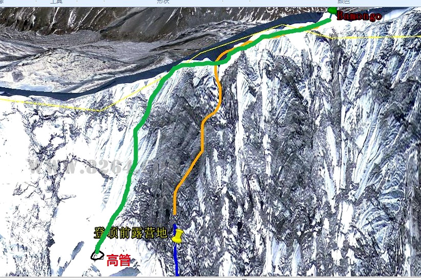 Маршрут восхождения на вершину Бамонго (Bamongo, 6400м): "Дорога Че Гевары" (ROAD OF CHE GUEVARA). Желтые линии - планируемые маршруты, Зеленая линия - итоговый пройденный маршрут