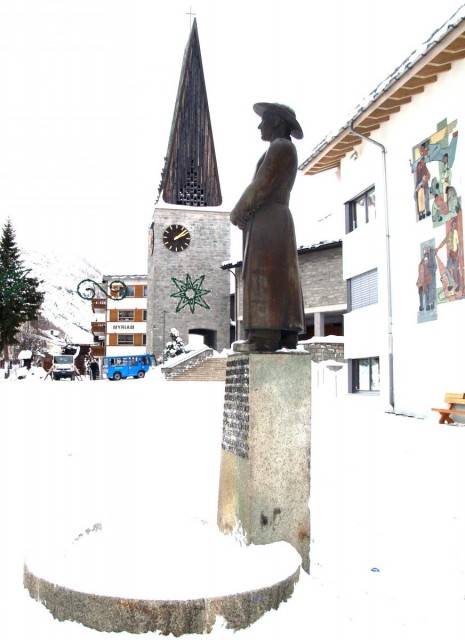 Памятник священнику, альпинисту, лыжнику-первопроходцу Жану-Жозефу Имсенгу в поселке Саас-Фе 