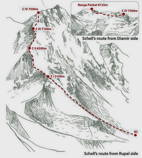 Маршрут Шелла (Schell route) на Нангапарбат. Набросок польской экспедиции 2006-2007 года