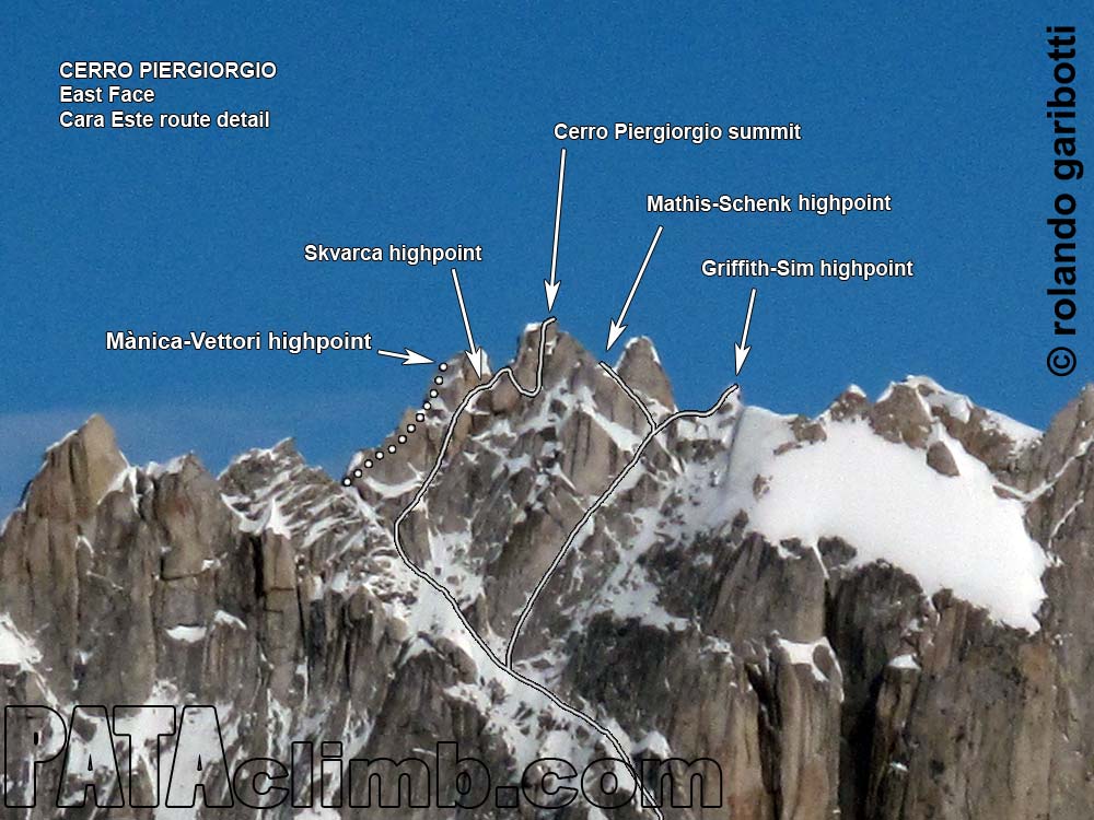 Варианты маршрута Cara Este на вершины массива Cerro Piergiorgio, верхняя часть маршрута