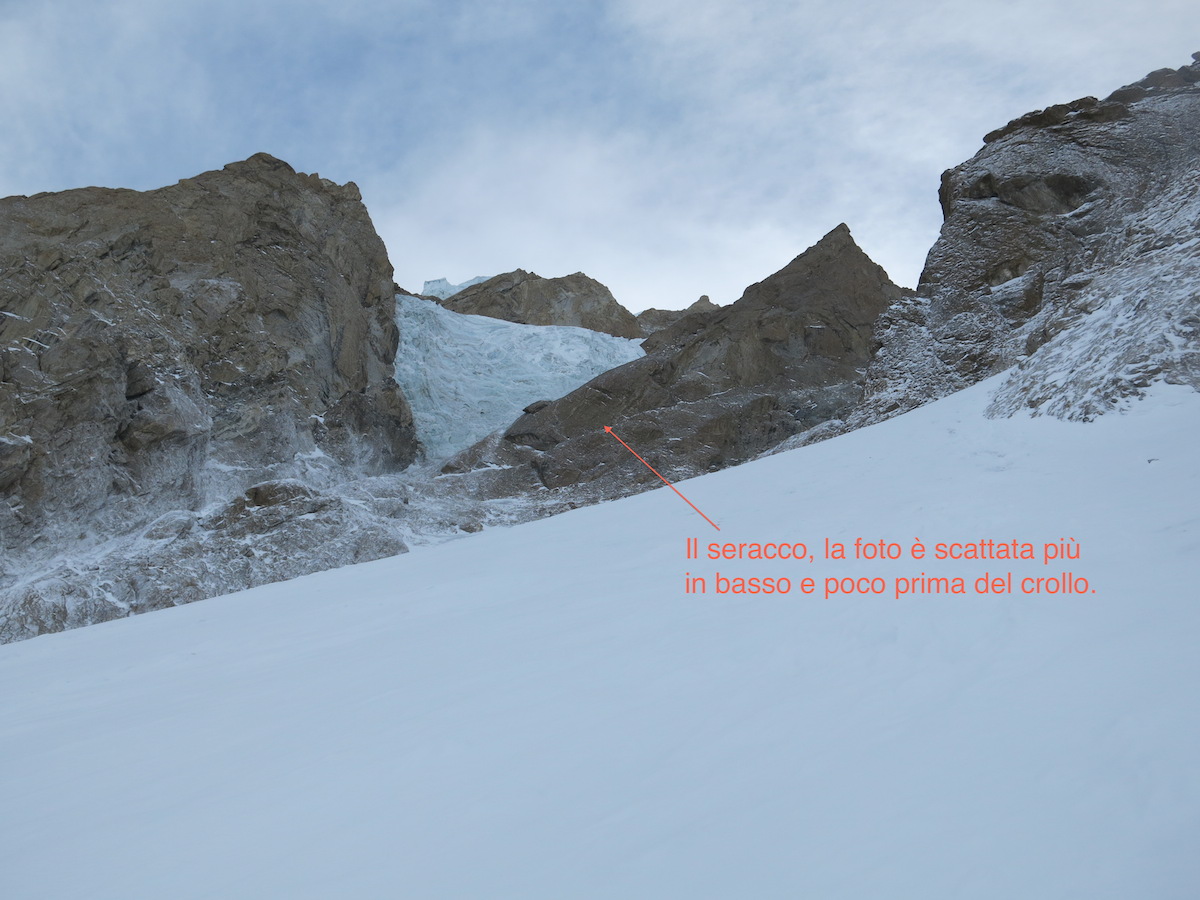 маршрут восхождения Даниэля Нарди и нависающие сераки, вызвавшие сход лавины. сторона Диамир на Нангапарбат. 24 февраля 2014 года