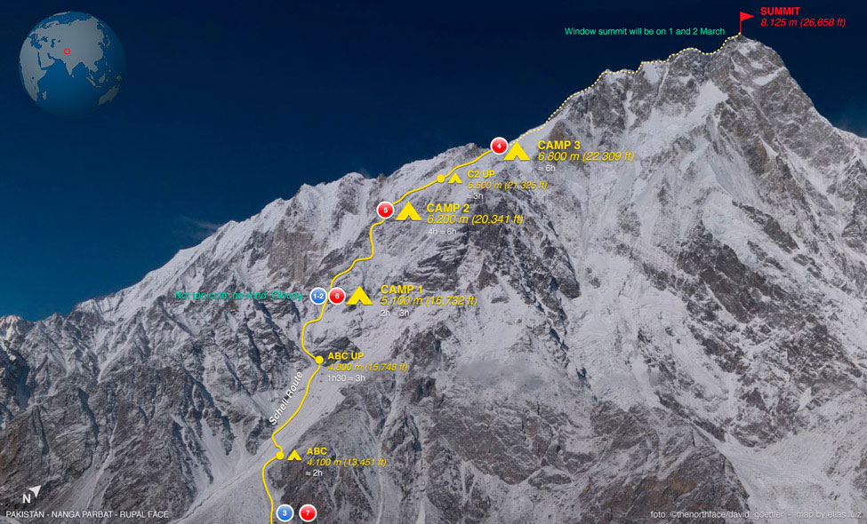  Планируемый маршрут восхождения польской и итальянской команды на вершину Нангапарбат по Рупальской стене. Маршрут Шелла (Shell route)