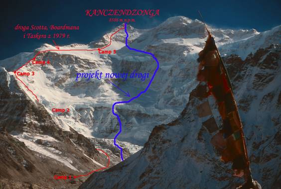 Планируемый маршрут восхождения на Канченджангу в 2014 году - синего цвета. Красным цветом отмечен британский маршрут 1979 года
