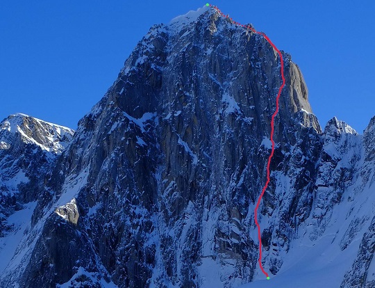 The Odyssey (6b A1 M7, 1100m), west face of Pyramid Peak, Revelation Mountains.