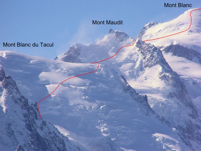 маршрут "voie des trois monts" на вершины (Mont Maudit, Mont Blanc du Tacul, Mont Bianc