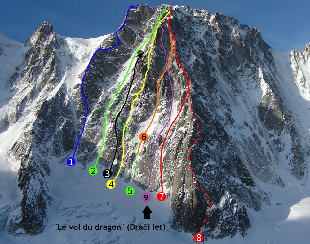  Маршруты юго-восточной стены горы Les Droites (в Альпах). Линия Le vol du dragon под номером 9
