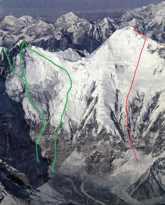  Восточная стена Лхоцзе (East Face Lhotse). Зеленым цветом обозначены возможные маршруты восхождения на Лхоцзе. Красная линия - маршрут 1988 года на Эверест