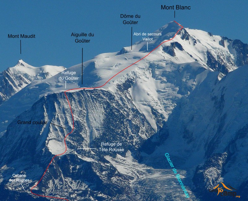 Стандартный маршрут восхождения, хижина "Tête-Rousse" и хижина Goûter на склонах Монблана