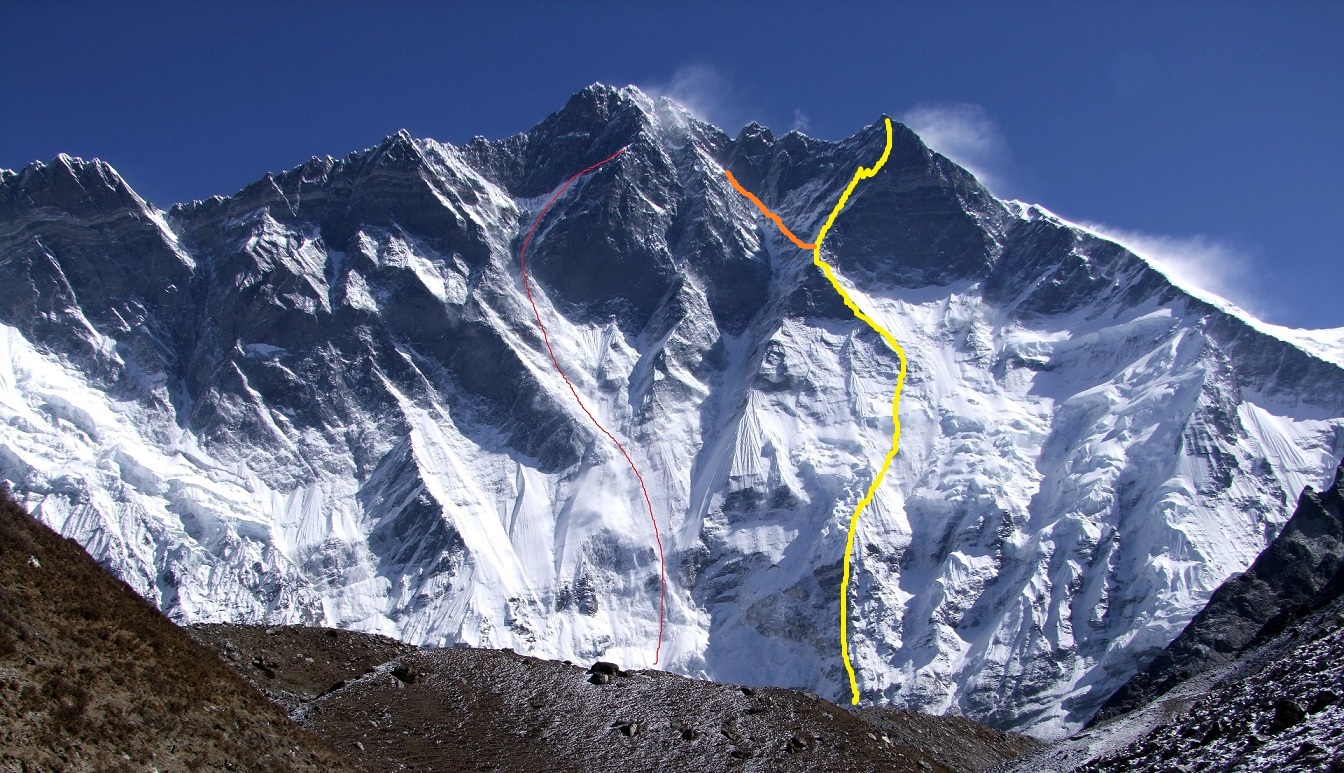 Лхоцзе, Южная стена (South Face Lhotse). Попытка польской команды подняться на Лхоцзе Главная по маршруту Чехословацкой экспедиции 1984 года (линия оранжевого цвета). Тот-же маршрут пыталась пройти французская экспедиция 1985 года  