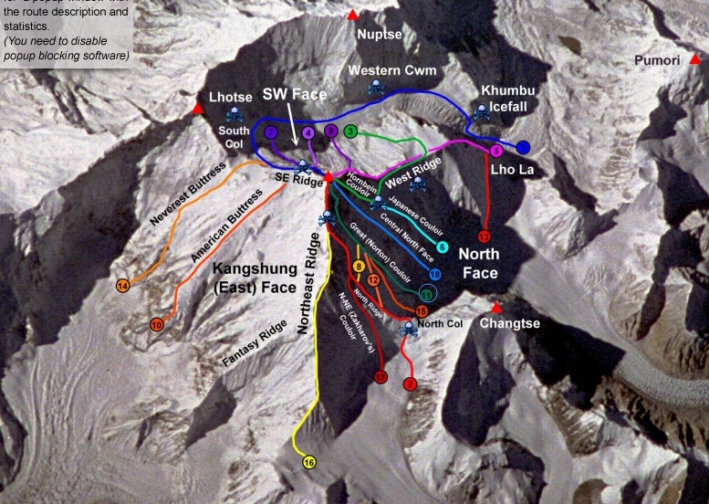 Все существующие маршруты на Эверест. Стандартный маршрут восхождения с Севера отмечен цифрой 2