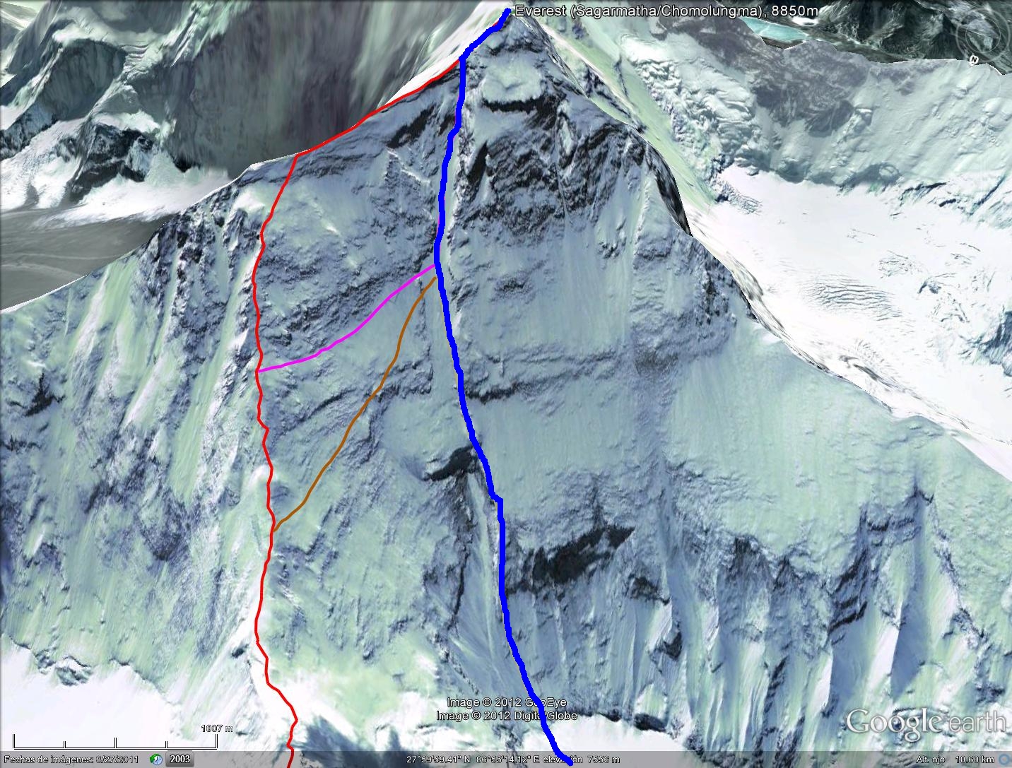 маршрут "White Limbo" по Северному кулуару (северная стена – кулуар Нортона) отмечен синим цветом