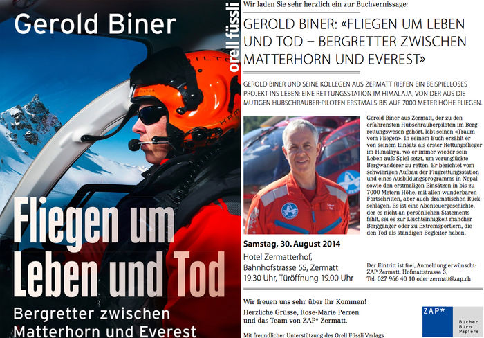  „Fliegen um Leben und Tod“, Bergretter zwischen Matterhorn und Everest.Gebunden, 255 Seiten, Verlag Orell Füssli, CHF 34.90; ISBN 978-3-280-05525-0