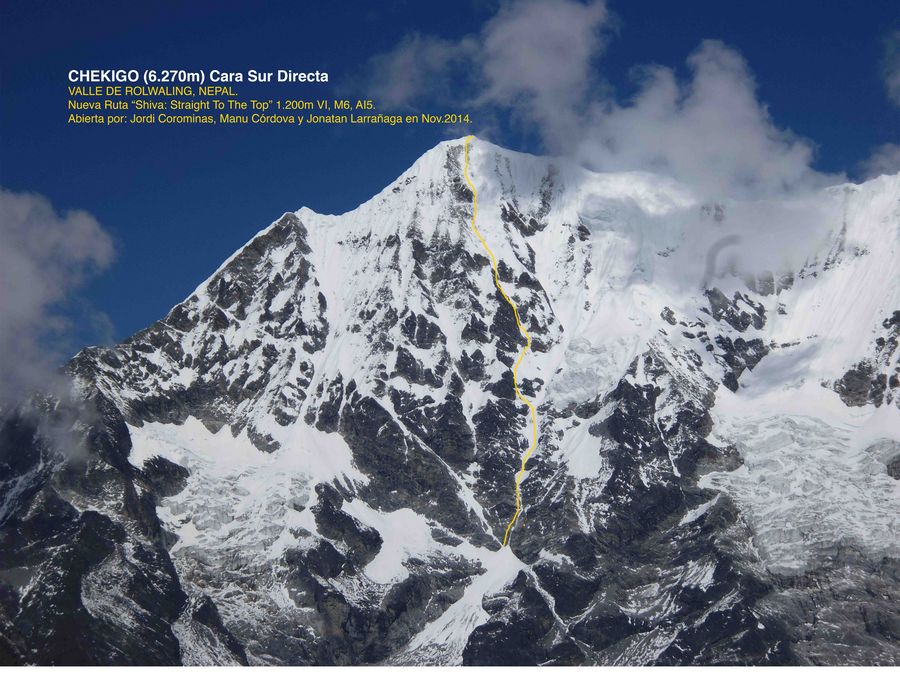  маршрут "Shiva: straight to the top" по центру непокоренной ранее Южной стены горы Чекиго (Chekigo, 6270 м)