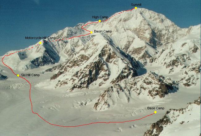 Денали (Denali) высотой 6194 метра. Стандартный маршрут восхождения по западному ребру горы