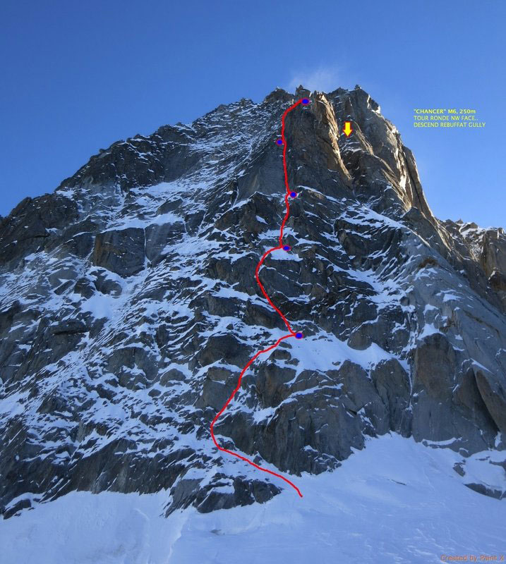 маршрут Chancer (M6, 250 м) по северо-западной стене горы Tour Ronde  высотой 3792 метра