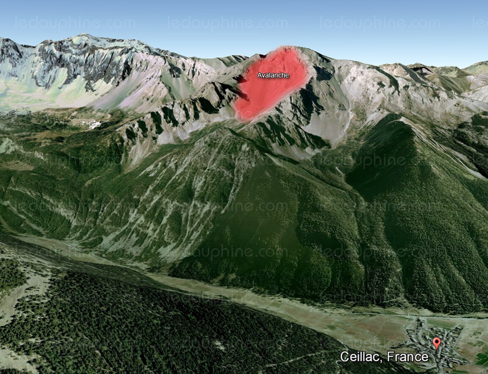 Отметка "Joanne" на высоте 300 метров в массиве Дю Кейра. Место схода лавины