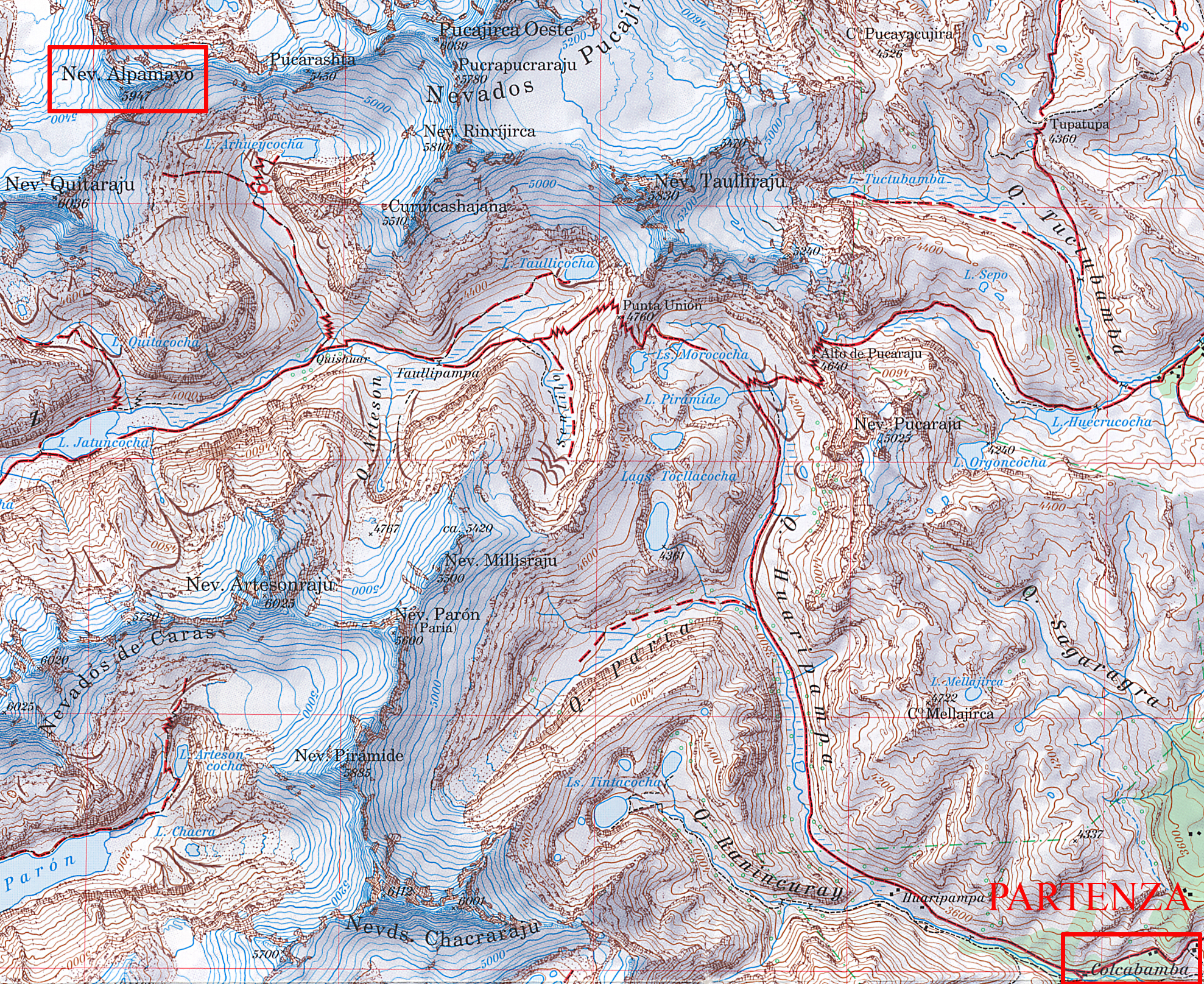 Карта-хребтовка географического расположения вершины Alpamayo