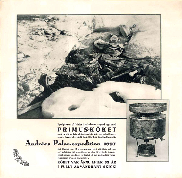Плакат посвященный горелке Primus найденной исправной через 33 года  после гибели полярной экспедиции Саломона Анри 1897 года