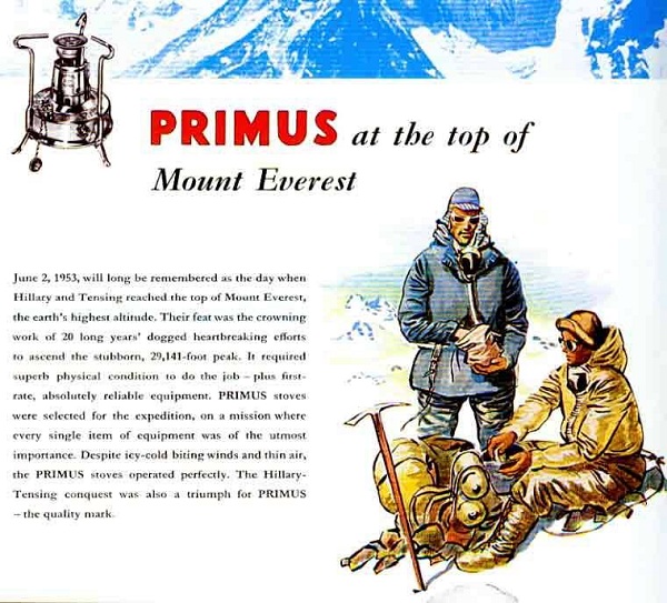 Рекламный постер Primus посвященный первому успешному восхождению на Эверест