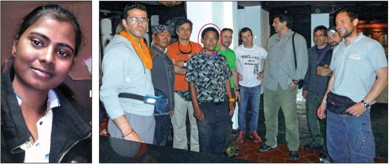 слева - индийская альпинистка Chandana Pradhan, справа - 8 альпинистов из Греции. На фото с права отмечен мошенник - непальский шерпа Тшерин Додже Шерпа (Tshering Dorjee Sherpa). 