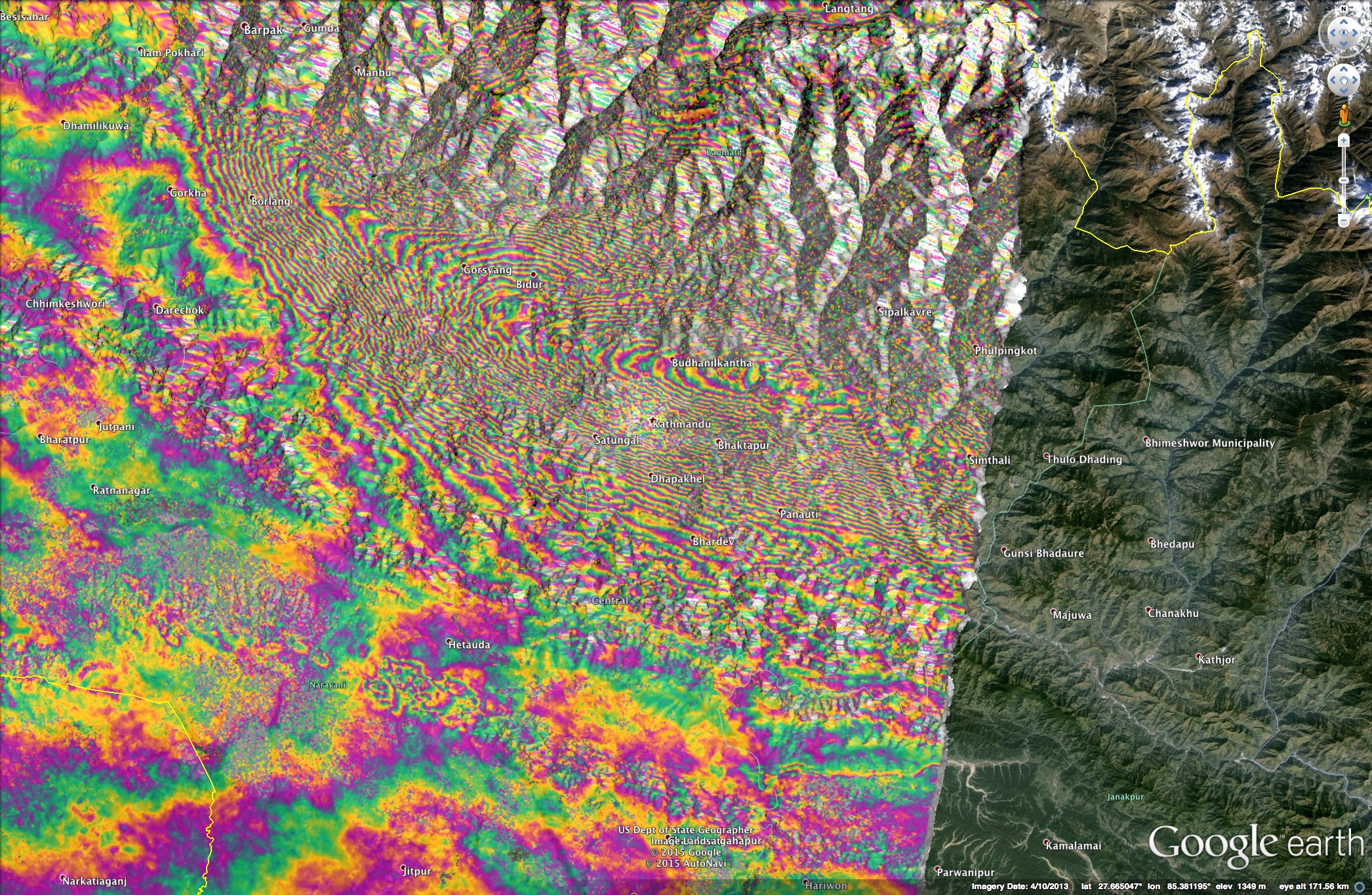 Спутниковое радиолокационное изображение изменение земной коры при землетрясении магнитудой 7,8 в Непале 25 апреля 2015 года. На этом фото каждая радужная "волна" означает вертикальное изменение положения земной коры примерно на 30 сантиметров