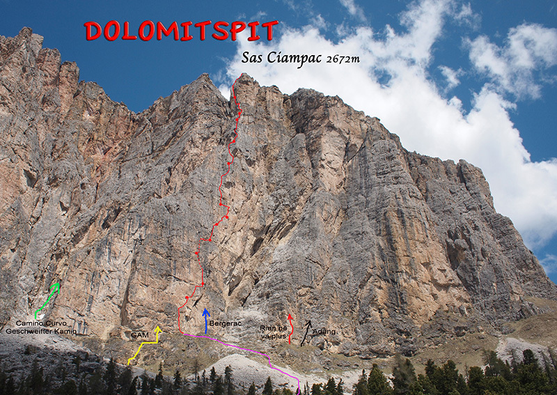 Маршрут "Dolomitspit" по Южной стене горы Сас Чьямпак (Sas Ciampac, 2672 м), Валь Гардена, Доломитовые Альпы 