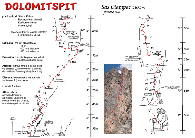 Маршрут "Dolomitspit" по Южной стене горы Сас Чьямпак (Sas Ciampac, 2672 м), Валь Гардена, Доломитовые Альпы